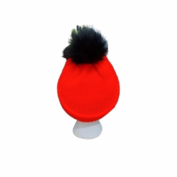 Hand Knit Neon Orange Beanie with Faux Fur Pom Pom - Picture 5 of 6